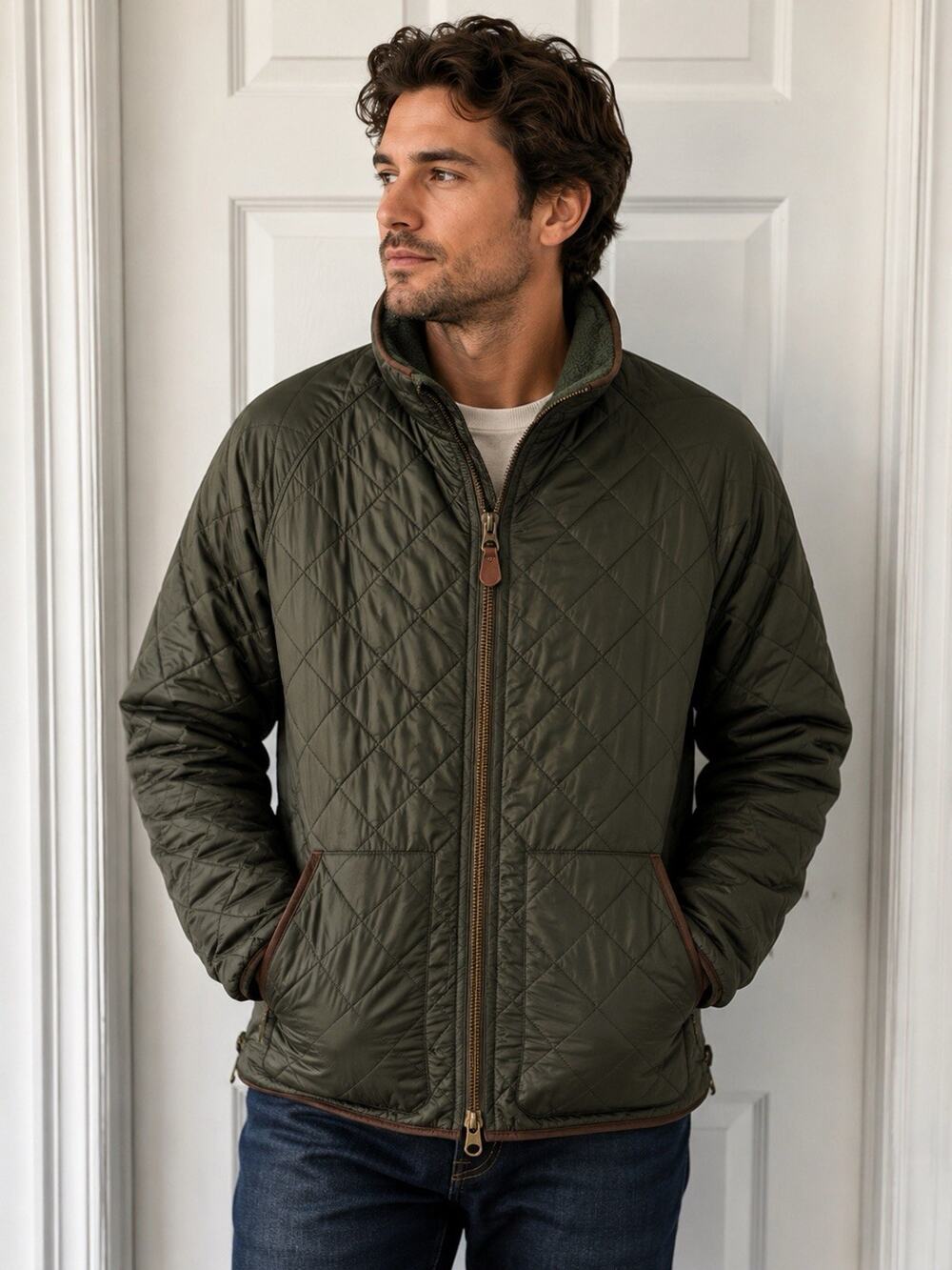 Polo Ralph Lauren Men’s XL Hunting Barn Jacket Quilted Olive Green Leather Trim
